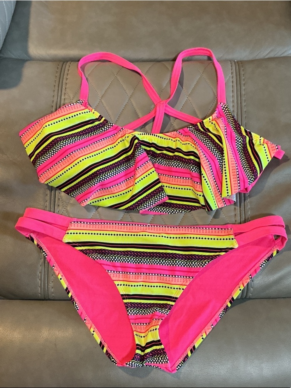 Joe Boxer Neon Pink & Yellow Striped Ruffle Bikini Set